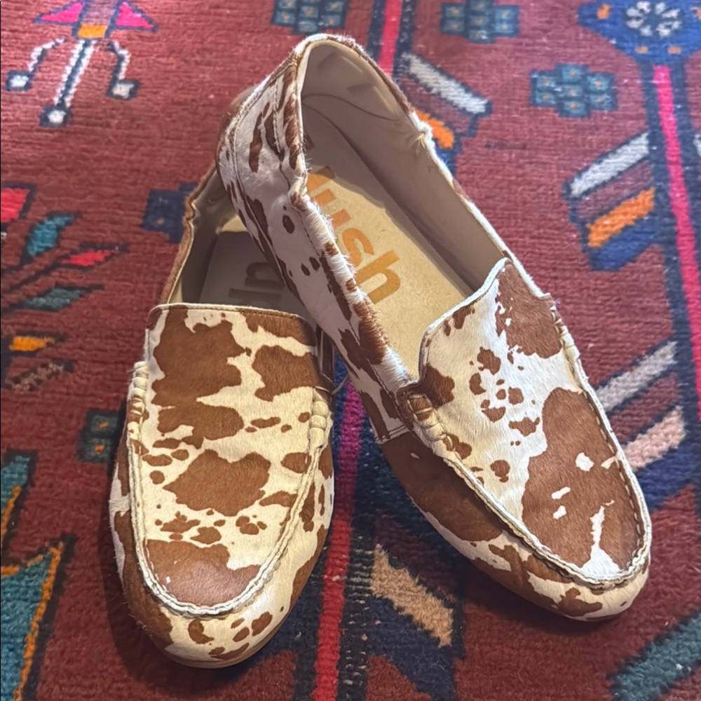 Hush Puppies Brown and White Cow Print Loafers